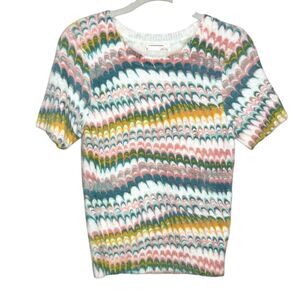 By Anthropologie Sweater Womens XS Multicolor Chevron Fuzzy Knit Short Sleeve